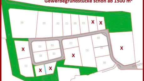 Die Erschließung des Gewerbegebietes in Wallertshofen ist so gut wie abgeschlossen. Insgesamt werden von der Gemeinde 67.000 Quadratmeter verkauft und können sofort bebaut werden. Bei Kaufinteresse kann man sich bei der Gemeinde melden. Angekreuzte Grundstücke sind bereits reserviert.